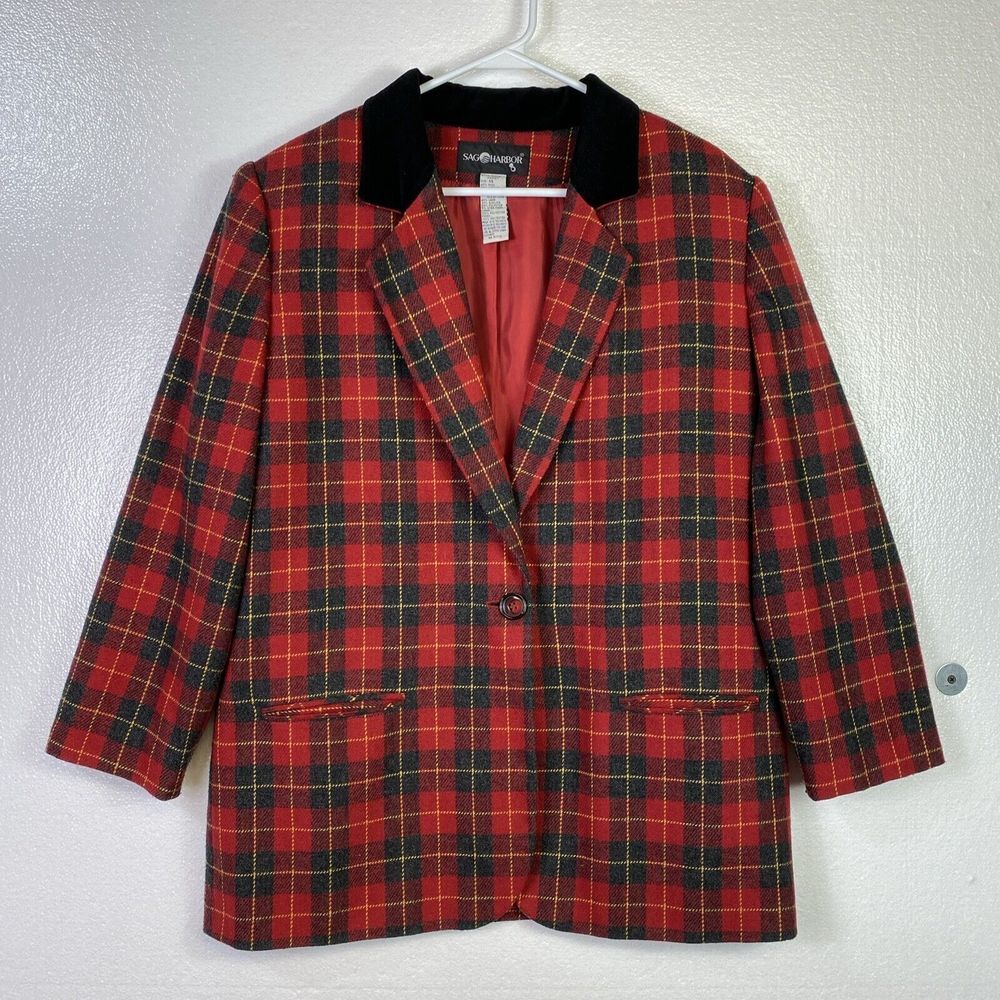 Vtg Sag Harbor Jacket 14 Women Tartan Plaid Red Black button up Coat Wool blend